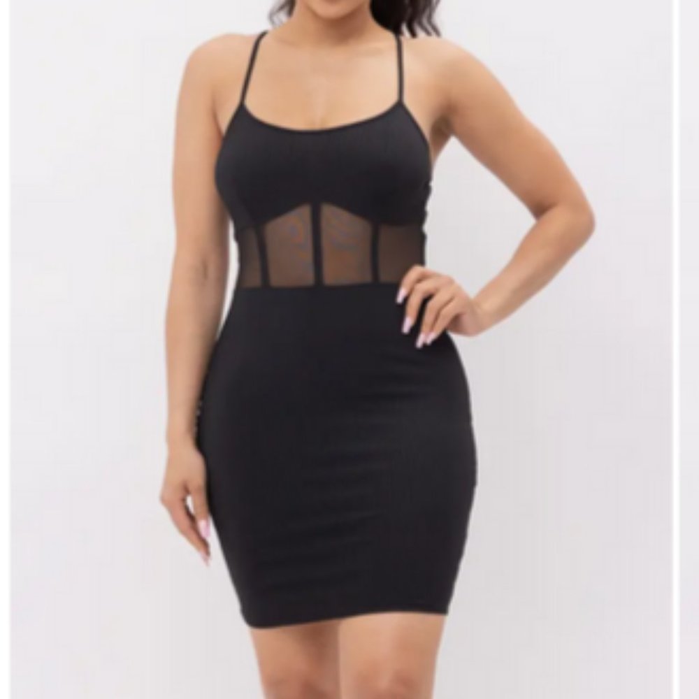 Front Contrast Mesh Corset Style Mini Bodycon Dress